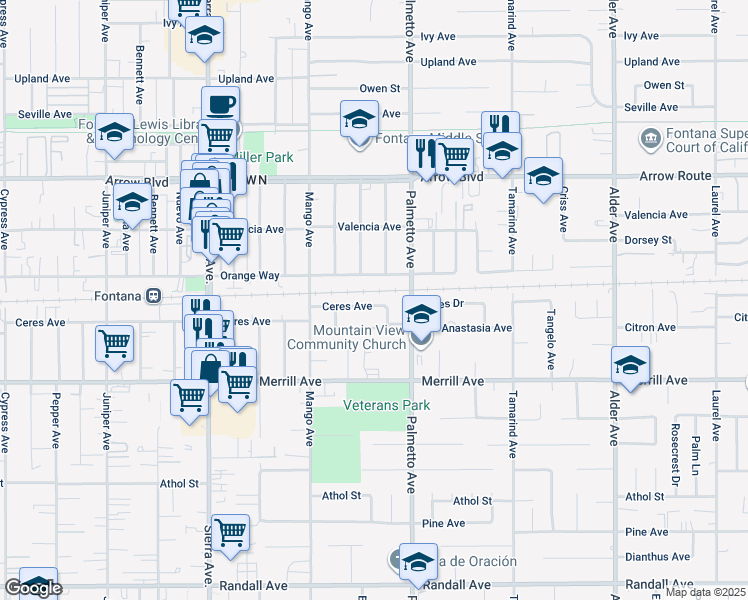 map of restaurants, bars, coffee shops, grocery stores, and more near 17232 Ceres Avenue in Fontana