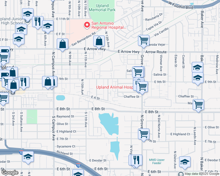 map of restaurants, bars, coffee shops, grocery stores, and more near 160 North 13th Avenue in Upland