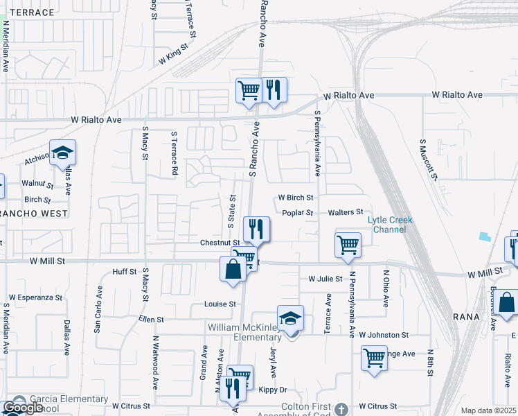 map of restaurants, bars, coffee shops, grocery stores, and more near 2300 North Rancho Avenue in Colton