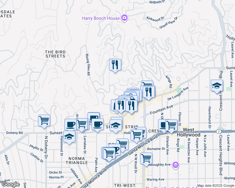 map of restaurants, bars, coffee shops, grocery stores, and more near 1364 Londonderry Place in Los Angeles