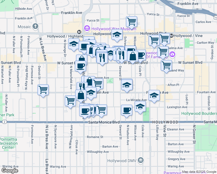 map of restaurants, bars, coffee shops, grocery stores, and more near 1320 North Cherokee Avenue in Los Angeles