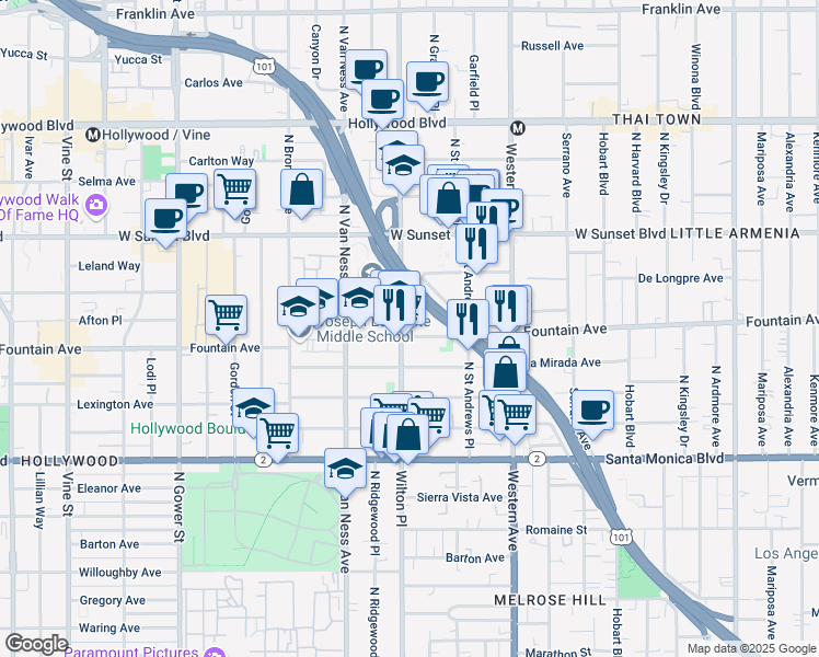 map of restaurants, bars, coffee shops, grocery stores, and more near 5667 Fountain Avenue in Los Angeles