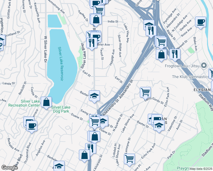 map of restaurants, bars, coffee shops, grocery stores, and more near 2252 Edendale Place in Los Angeles