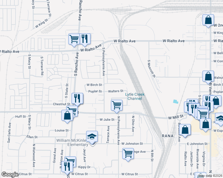 map of restaurants, bars, coffee shops, grocery stores, and more near 451 Walters Street in Colton