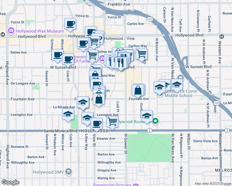map of restaurants, bars, coffee shops, grocery stores, and more near in Los Angeles