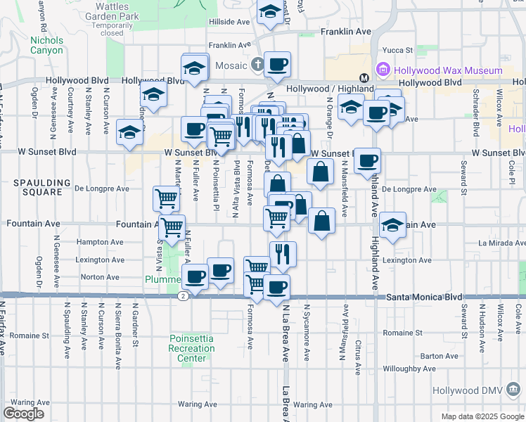 map of restaurants, bars, coffee shops, grocery stores, and more near 1319 North Detroit Street in Los Angeles
