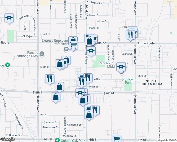 map of restaurants, bars, coffee shops, grocery stores, and more near 8742 Pine Crest Place in Rancho Cucamonga