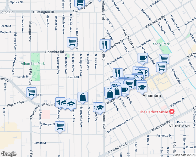 map of restaurants, bars, coffee shops, grocery stores, and more near 220 North Olive Avenue in Alhambra