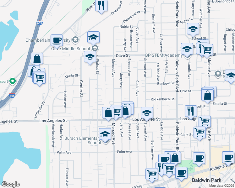 map of restaurants, bars, coffee shops, grocery stores, and more near 4544 Merced Avenue in Baldwin Park