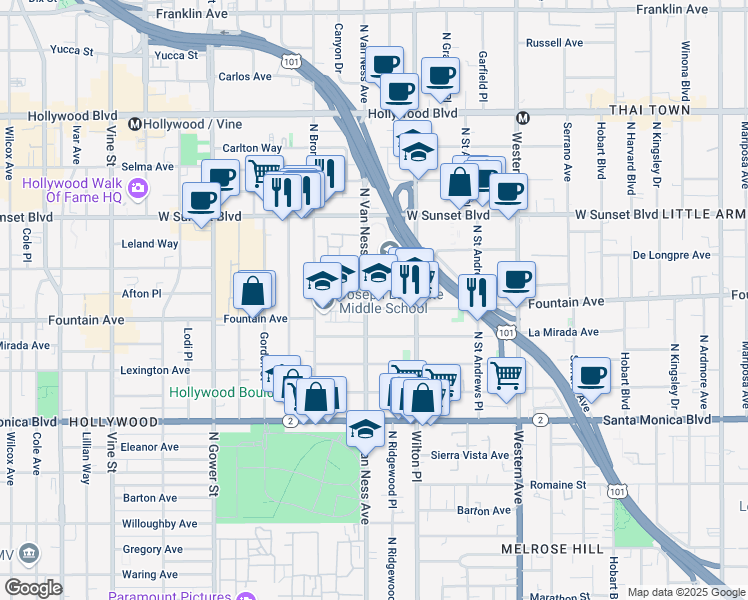 map of restaurants, bars, coffee shops, grocery stores, and more near 1314 North Van Ness Avenue in Los Angeles