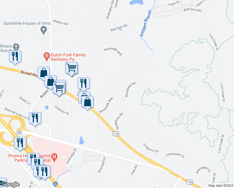 map of restaurants, bars, coffee shops, grocery stores, and more near 114 Riverwalk Way in Irmo
