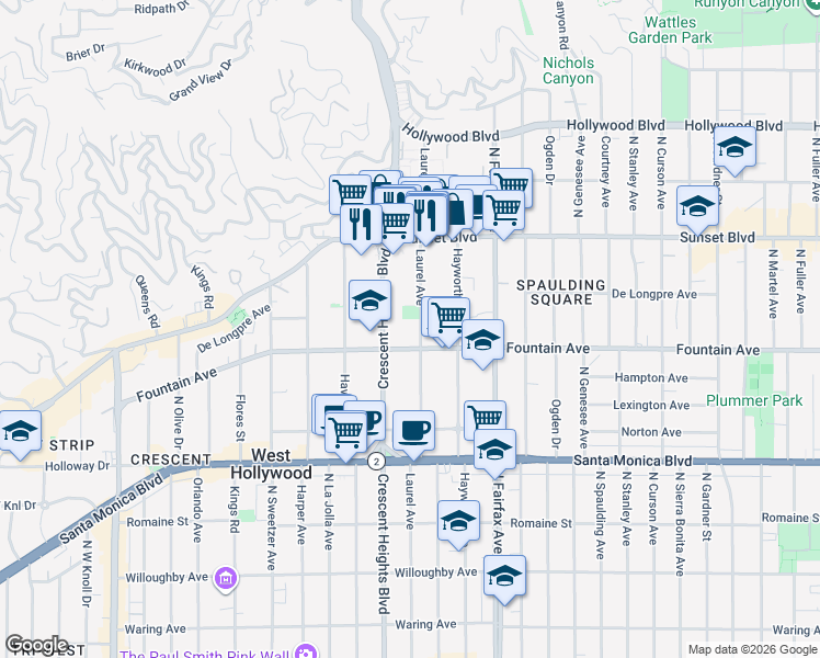 map of restaurants, bars, coffee shops, grocery stores, and more near 1321 Laurel Avenue in West Hollywood
