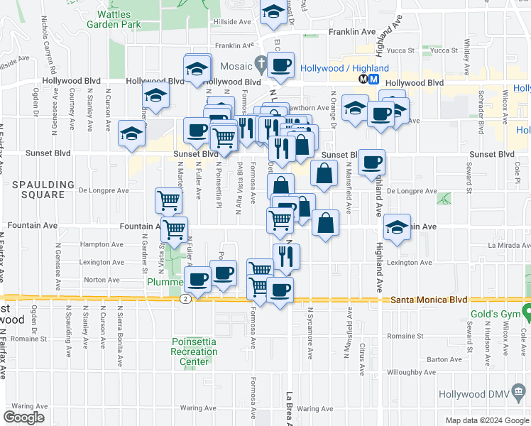 map of restaurants, bars, coffee shops, grocery stores, and more near 1319 North Detroit Street in Los Angeles