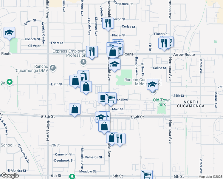 map of restaurants, bars, coffee shops, grocery stores, and more near 8742 Pine Crest Place in Rancho Cucamonga