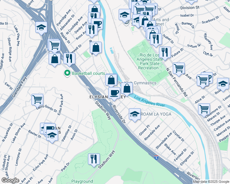 map of restaurants, bars, coffee shops, grocery stores, and more near 2400 Forney Street in Los Angeles