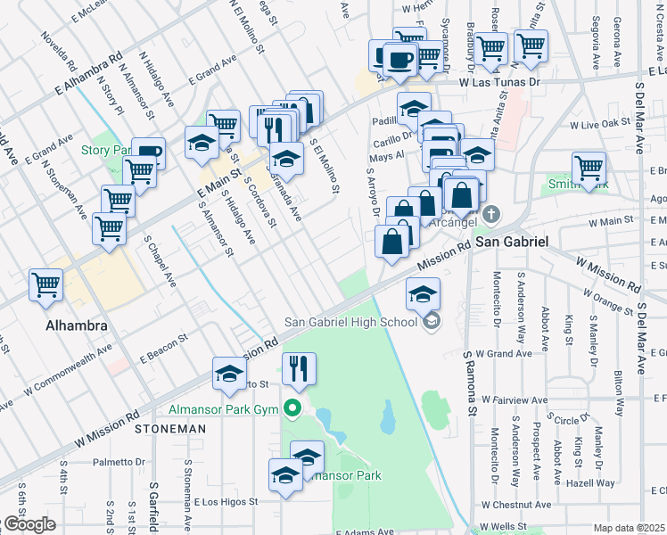 map of restaurants, bars, coffee shops, grocery stores, and more near 414 South Granada Avenue in Alhambra