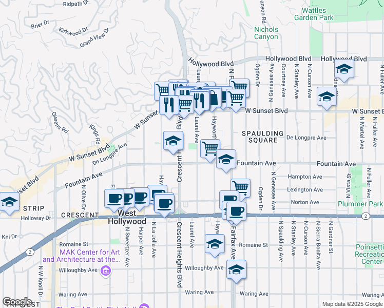 map of restaurants, bars, coffee shops, grocery stores, and more near 1321 Laurel Avenue in West Hollywood