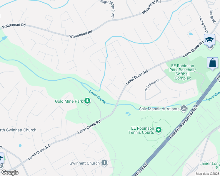 map of restaurants, bars, coffee shops, grocery stores, and more near 574 Level Creek Road in Sugar Hill