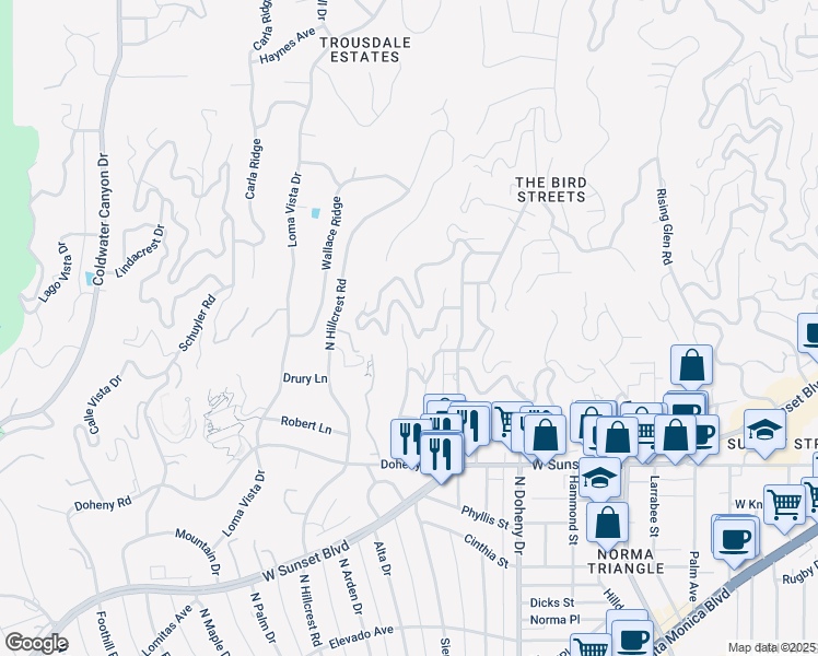 map of restaurants, bars, coffee shops, grocery stores, and more near 9288 Sierra Mar Drive in Los Angeles