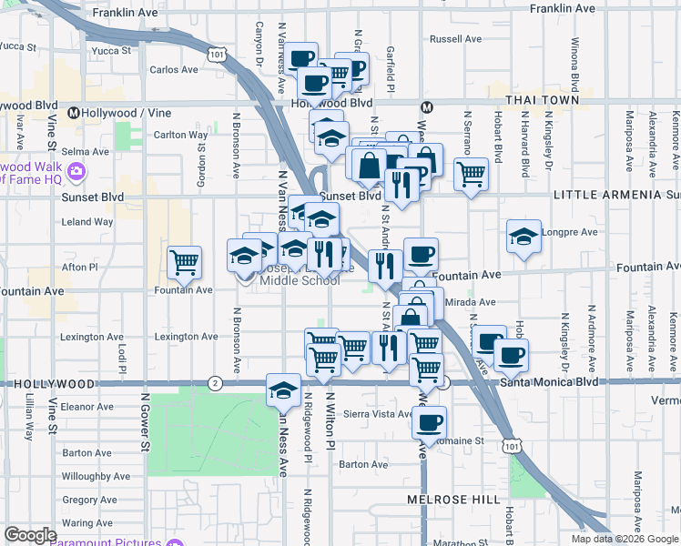map of restaurants, bars, coffee shops, grocery stores, and more near 5663 Fountain Avenue in Los Angeles