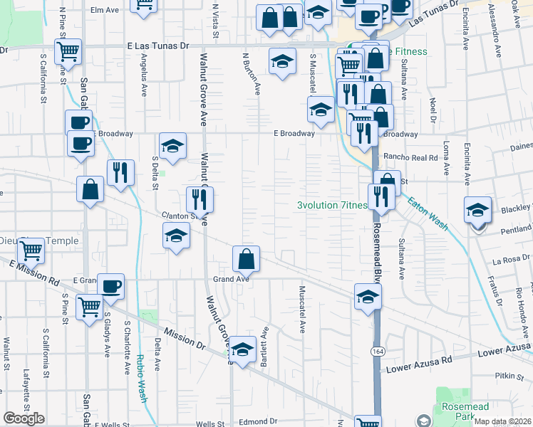 map of restaurants, bars, coffee shops, grocery stores, and more near 5123 Bartlett Avenue in San Gabriel