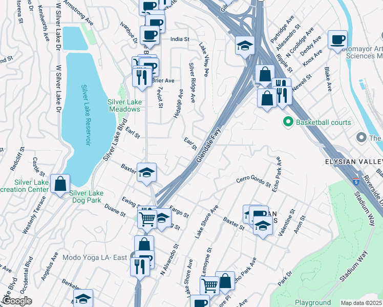 map of restaurants, bars, coffee shops, grocery stores, and more near 2225 Loma Vista Place in Los Angeles
