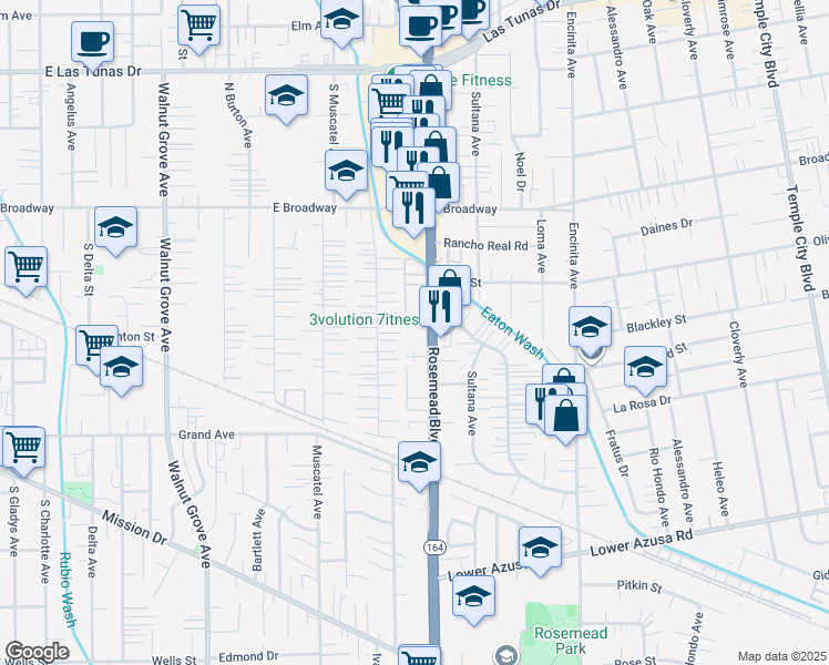 map of restaurants, bars, coffee shops, grocery stores, and more near 5223 Rosemead Boulevard in San Gabriel