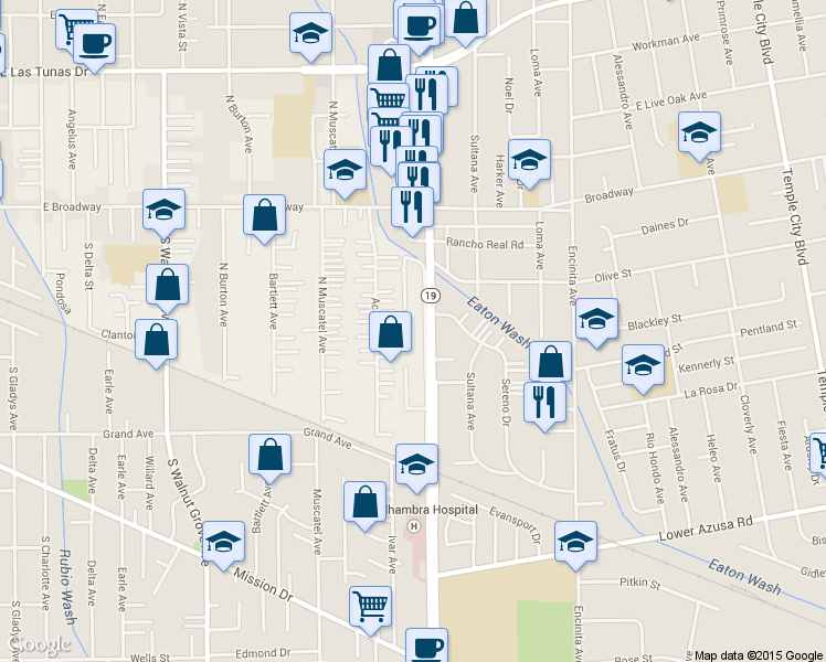 map of restaurants, bars, coffee shops, grocery stores, and more near 5223 Rosemead Boulevard in San Gabriel