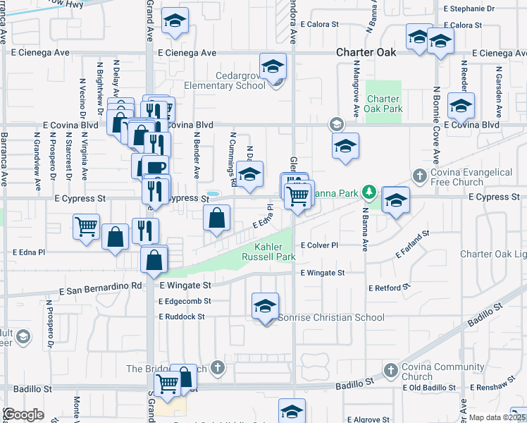 map of restaurants, bars, coffee shops, grocery stores, and more near 1267 East Edna Place in Covina