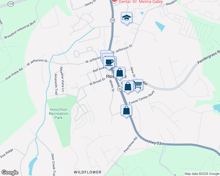 map of restaurants, bars, coffee shops, grocery stores, and more near 274 White Street in Hoschton