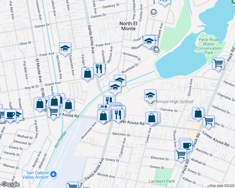 map of restaurants, bars, coffee shops, grocery stores, and more near 4000 Vista Lane in El Monte