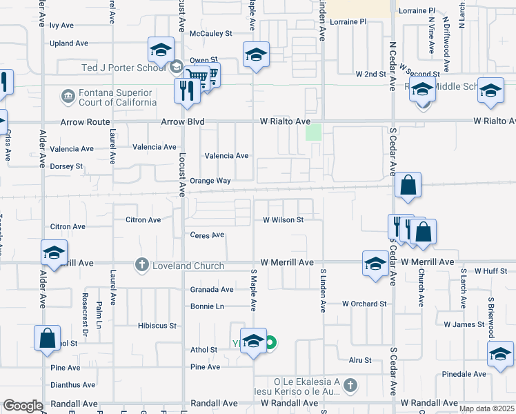 map of restaurants, bars, coffee shops, grocery stores, and more near 347 South Maple Avenue in Rialto