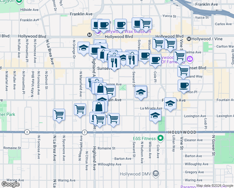 map of restaurants, bars, coffee shops, grocery stores, and more near 1323 North Cherokee Avenue in Los Angeles