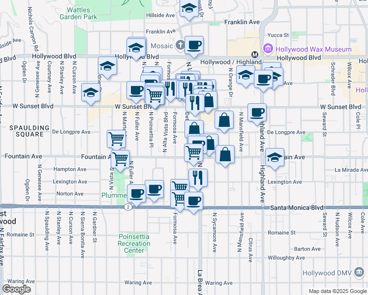 map of restaurants, bars, coffee shops, grocery stores, and more near 1319 North Detroit Street in Los Angeles