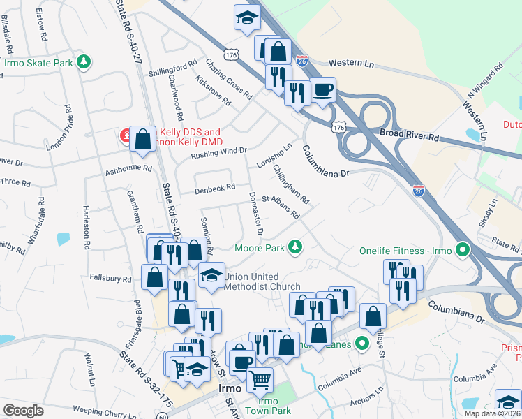 map of restaurants, bars, coffee shops, grocery stores, and more near 306 Doncaster Drive in Irmo