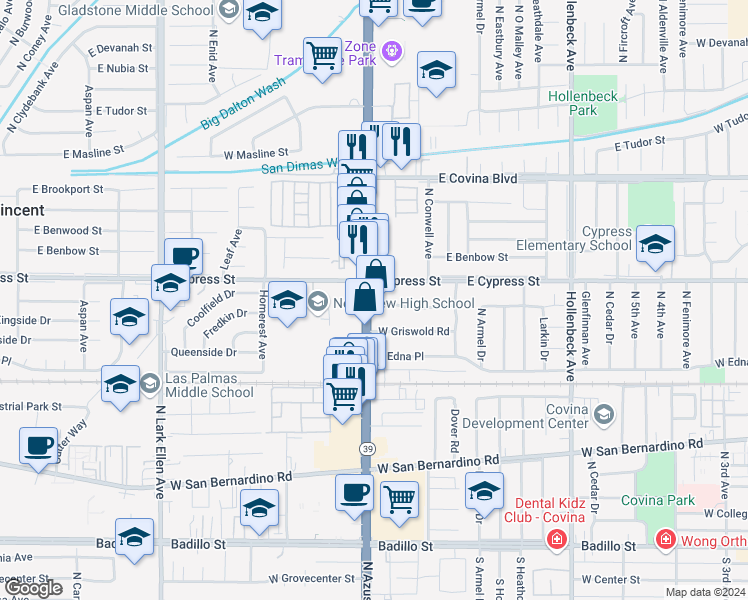 map of restaurants, bars, coffee shops, grocery stores, and more near 877 West Chester Road in Covina