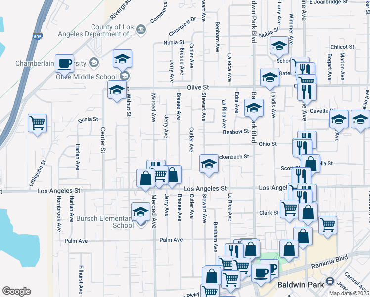 map of restaurants, bars, coffee shops, grocery stores, and more near 4542 Bresee Avenue in Baldwin Park