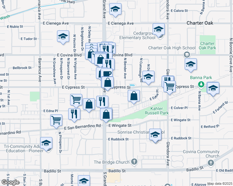 map of restaurants, bars, coffee shops, grocery stores, and more near 19548 Cypress Street in Covina