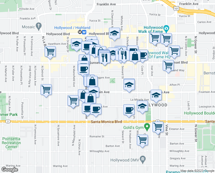 map of restaurants, bars, coffee shops, grocery stores, and more near 1323 North Cherokee Avenue in Los Angeles