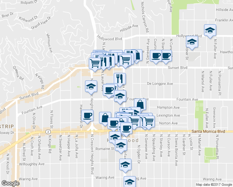 map of restaurants, bars, coffee shops, grocery stores, and more near 1316 North Hayworth Avenue in Los Angeles