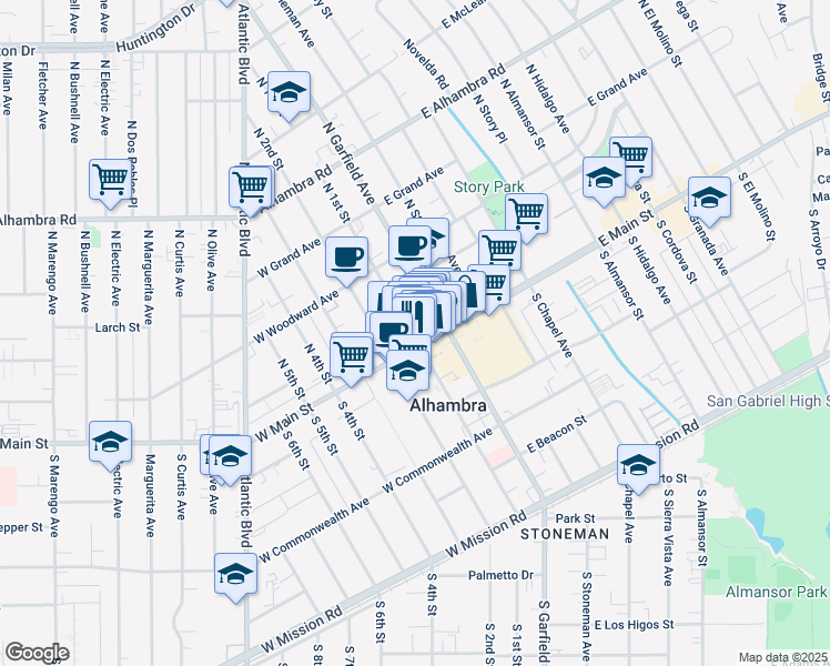 map of restaurants, bars, coffee shops, grocery stores, and more near 10 North 1st Street in Alhambra