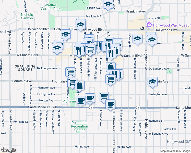 map of restaurants, bars, coffee shops, grocery stores, and more near 1304 North Alta Vista Boulevard in Los Angeles