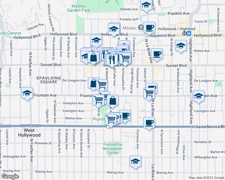 map of restaurants, bars, coffee shops, grocery stores, and more near 1325 North Fuller Avenue in Los Angeles