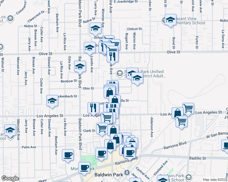 map of restaurants, bars, coffee shops, grocery stores, and more near 4540 1/2 Maine Avenue in Baldwin Park