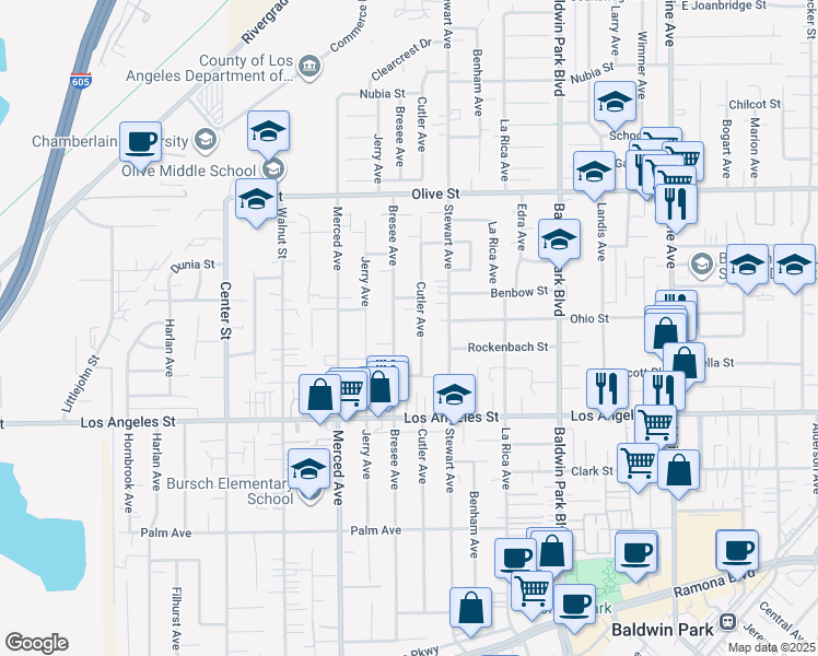 map of restaurants, bars, coffee shops, grocery stores, and more near 4542 Bresee Avenue in Baldwin Park