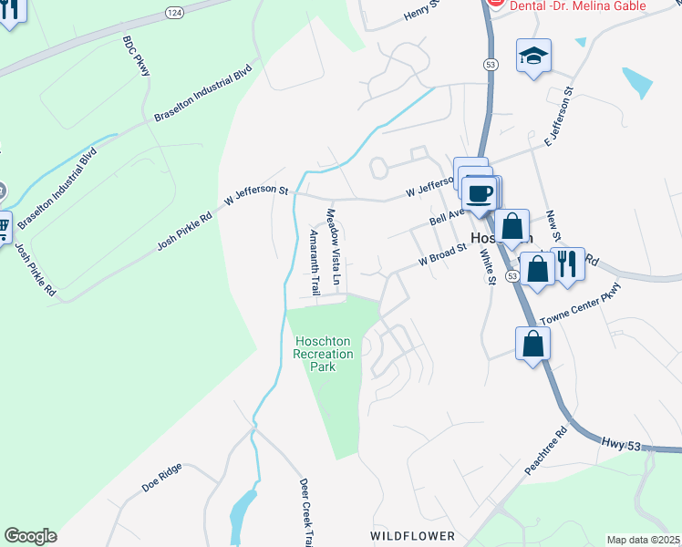 map of restaurants, bars, coffee shops, grocery stores, and more near 340 Meadow Vista Lane in Hoschton