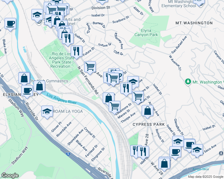 map of restaurants, bars, coffee shops, grocery stores, and more near 2656 Granada Street in Los Angeles