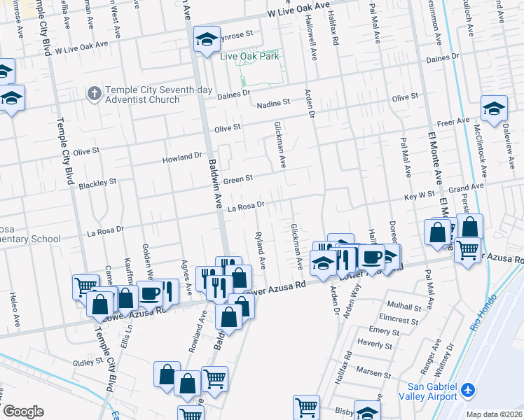 map of restaurants, bars, coffee shops, grocery stores, and more near 10108 La Rosa Drive in Temple City