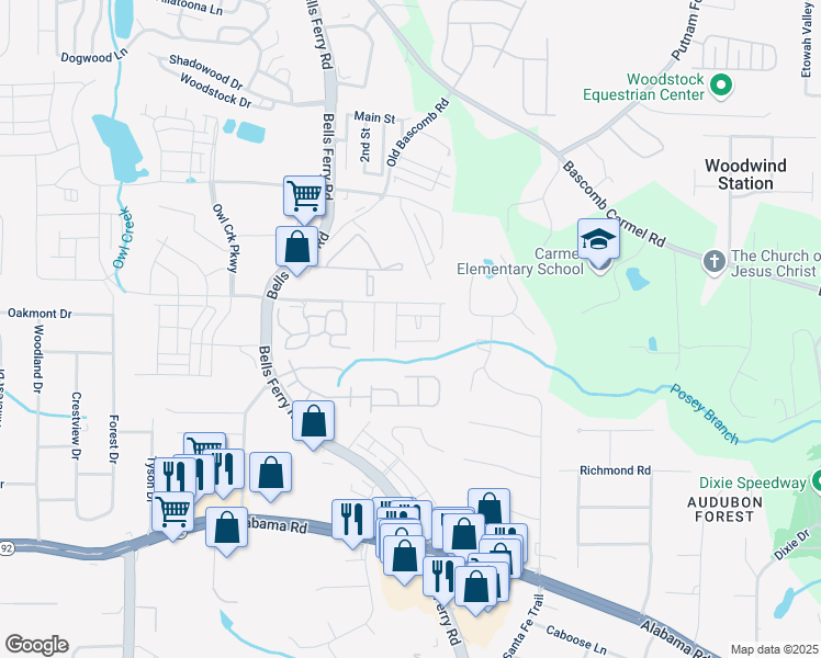 map of restaurants, bars, coffee shops, grocery stores, and more near 410 Wilshire Court in Acworth