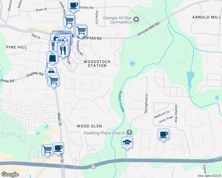 map of restaurants, bars, coffee shops, grocery stores, and more near 718 Song Bird Way in Woodstock
